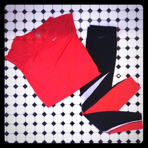 Nike Pants - Nike Red & Black Dri-Fit Leggings & Crop Top